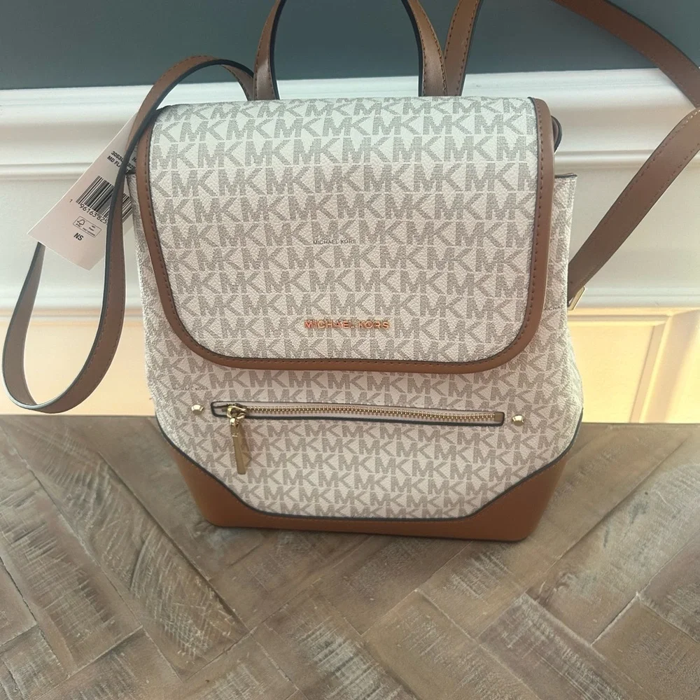 Michael Kors Beige Logo Convertible Backpack with Brown Trim
